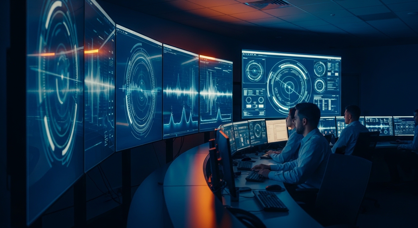 A dark operations center with holographic AI monitoring dashboards showing traces and evaluation scores across multiple screens