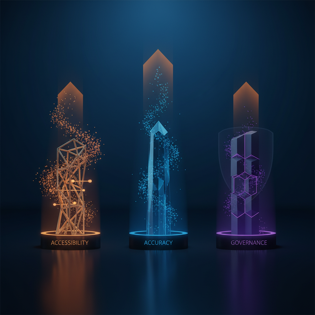Three architectural pillars representing data quality dimensions: accuracy, accessibility, and governance
