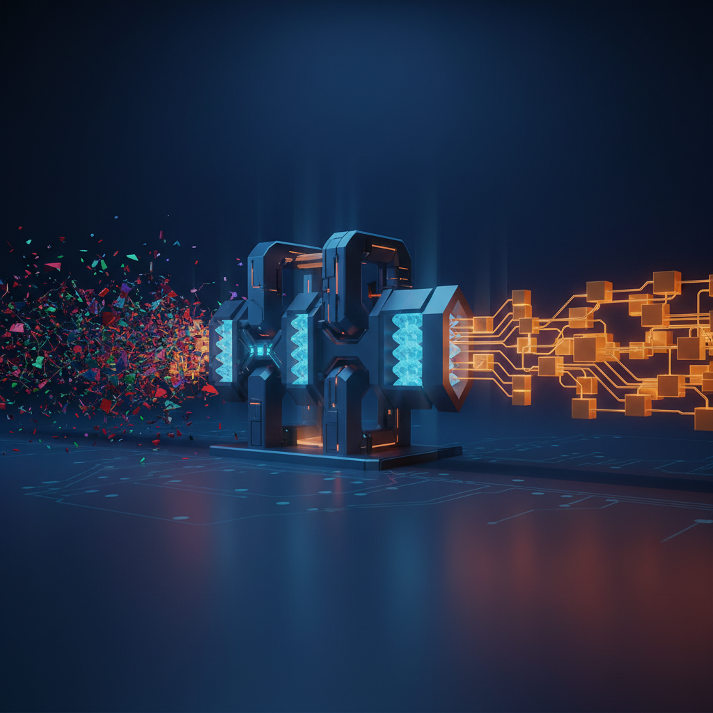 A data pipeline transformation: messy raw data on the left, refined and organized data on the right, ready for AI consumption