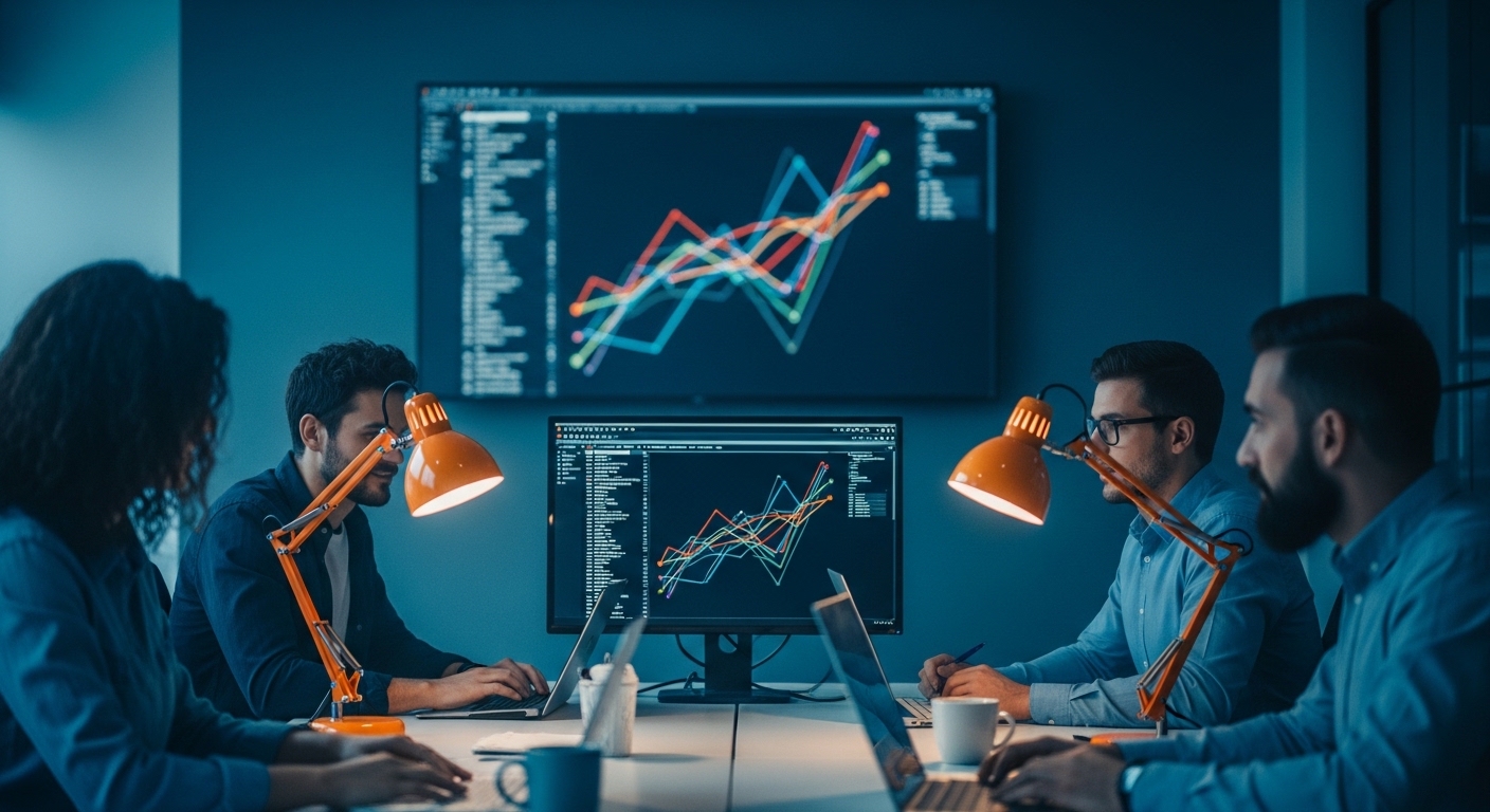 An engineering team reviewing metrics dashboards showing DORA charts and AI-assisted development activity in a modern office
