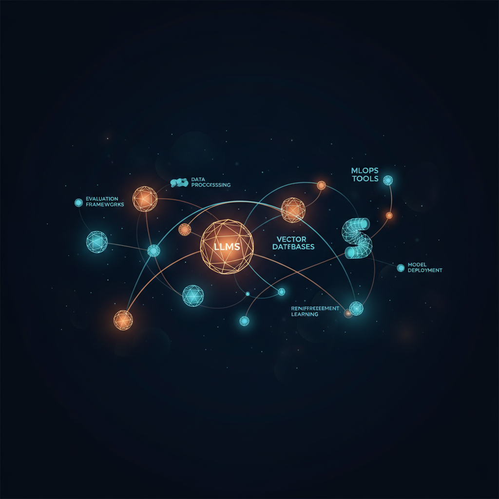 Constellation of glowing nodes representing in-demand AI skills connected by light beams