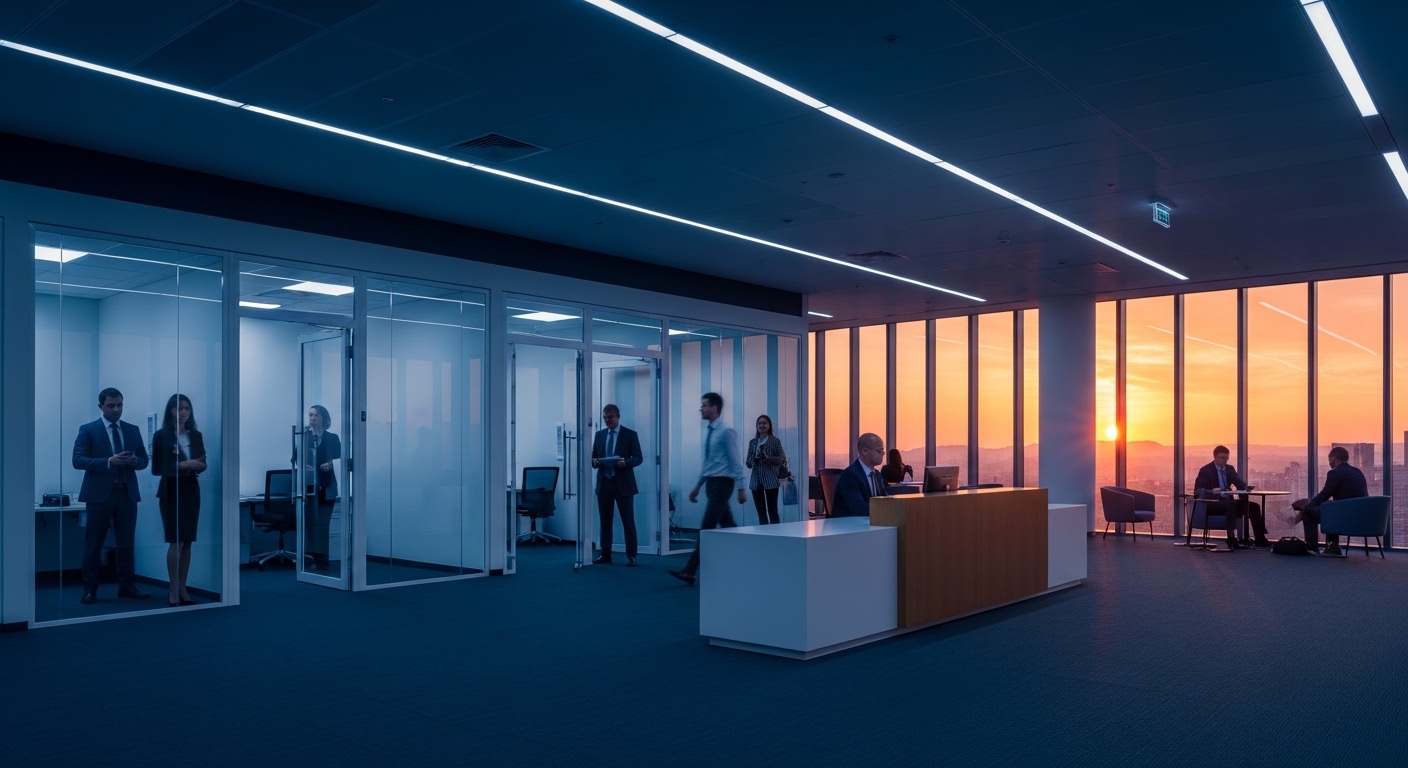 A busy corporate hiring floor at dusk with reception staff and interview rooms visible through glass walls