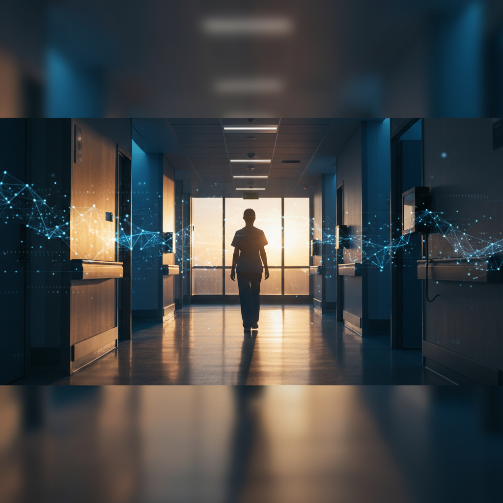A registered nurse silhouette walks through a modern hospital corridor at golden hour with subtle data overlays in the background