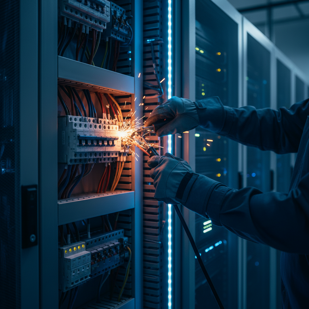 An electrician's hands working on a modern industrial electrical panel inside what appears to be a data center
